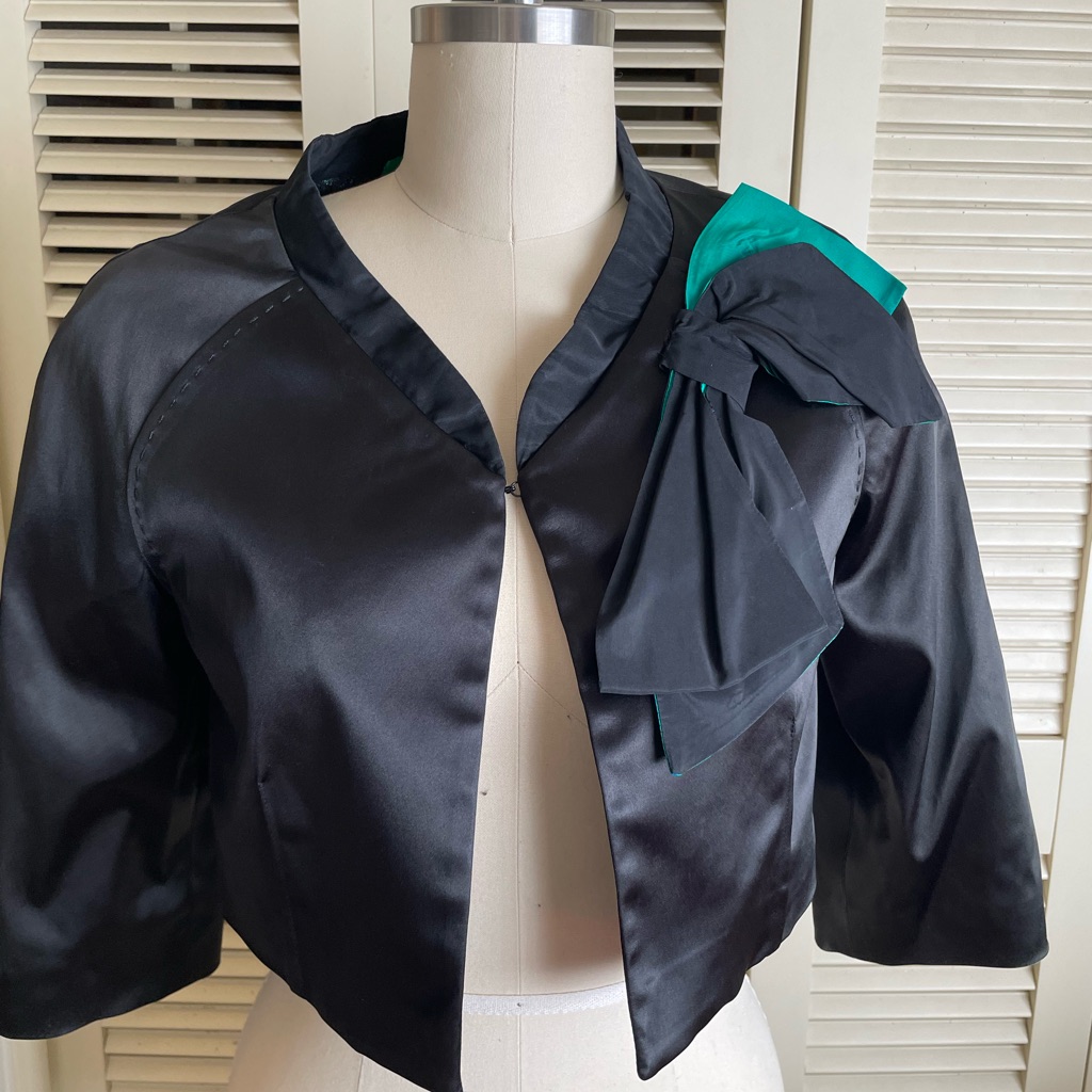 Maria Grazia Severti Black Taffeta Shirt Jacket With Green Accent Bow